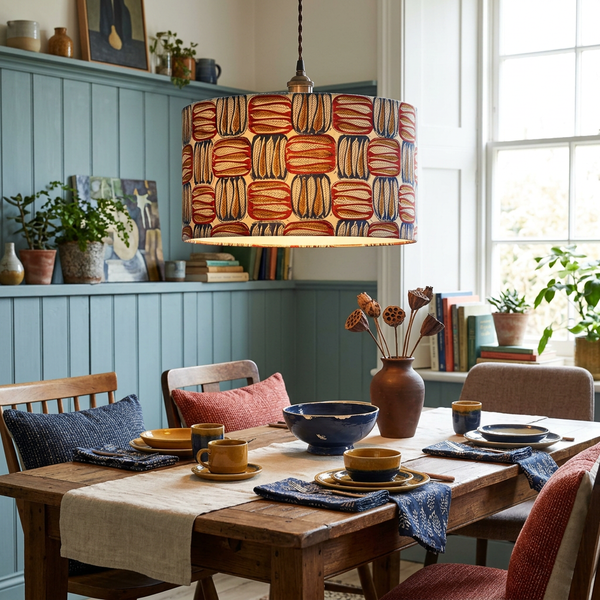 Drum ceiling pendant in Block Leaf Spice fabric glowing above a wooden dining table.