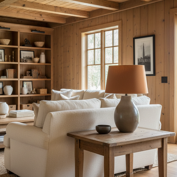 Toffee linen table lamp in warm living room with extensive wood elements and curated ornaments