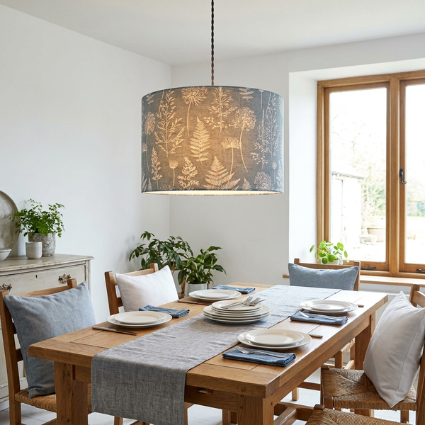 Drum ceiling pendant in Meadow Grey Denim fabric glowing above a wooden dining table.