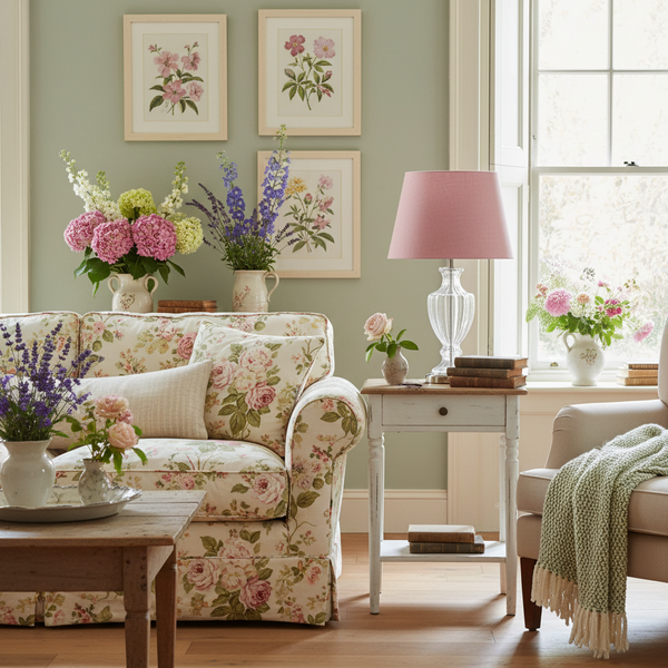 Dusky pink linen table lamp in cottage garden inspired living room with floral fabrics