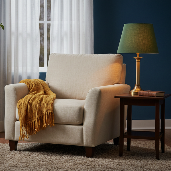 Amazon green linen lampshade in cozy reading nook with armchair