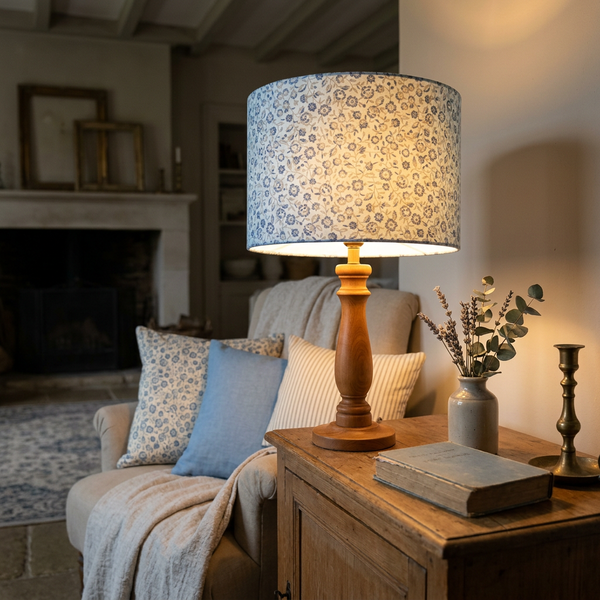 Lit drum lampshade in French General Renoncule Ciel Blue small flower fabric on a light blue ground, on a timber table lamp base in a French country living room.