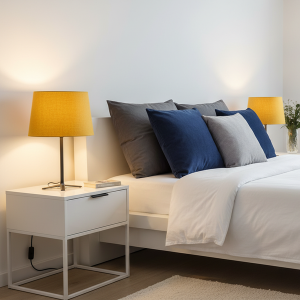 Mustard yellow linen lampshade in contemporary bedroom with grey and navy accents