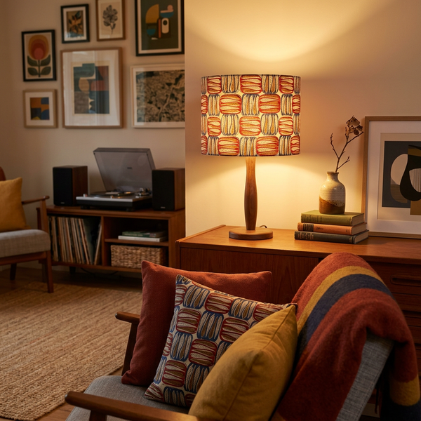 Lit drum lampshade in Block Leaf Spice fabric on a timber table lamp base in a mid-century living room.