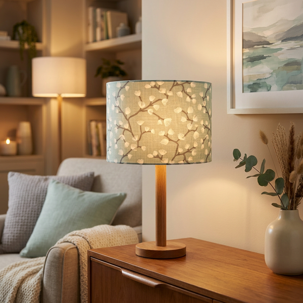 Lit drum lampshade in Spring Buds Seafoam fabric on a timber table lamp base in a cosy living room.