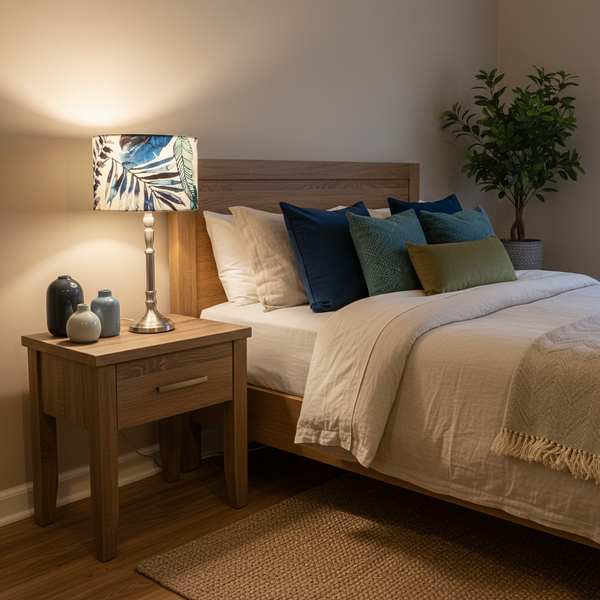 Watermark Palm lampshade in cozy bedroom with complementary blue and green accents
