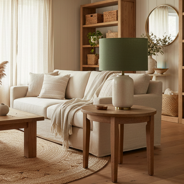 Kale green linen table lamp in natural living room with wood furniture and natural fibres