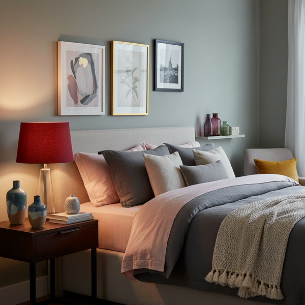 Maroon linen lampshade in elegantly styled bedroom with luxurious layered textiles
