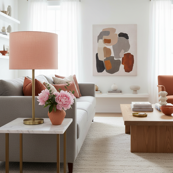 Pink salt linen table lamp in serene living room with grey, terracotta, and brass accents