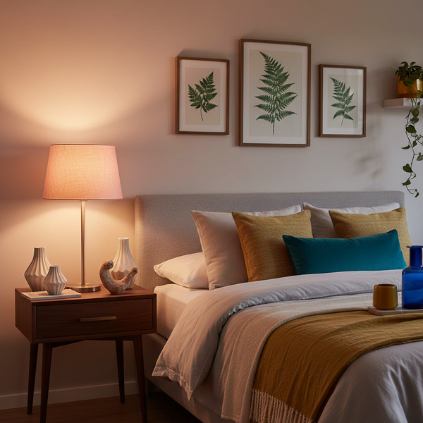 Pink salt linen lampshade in beautifully styled bedroom with layered textiles