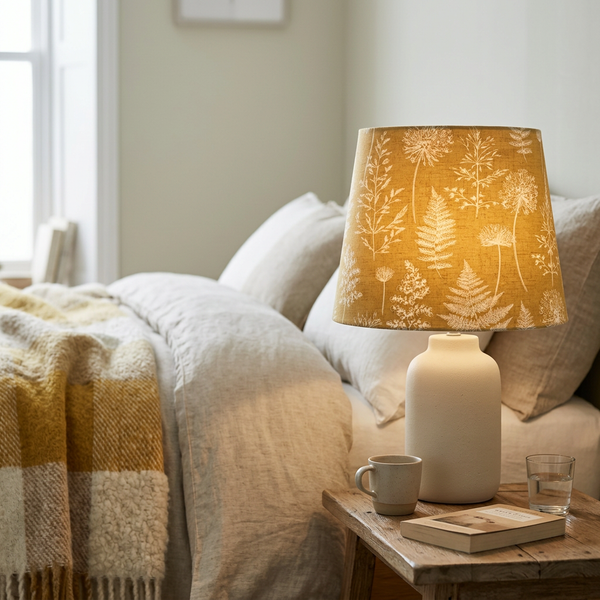Lit tapered lampshade in Meadow Mustard fabric on a cream ceramic base beside a bed.