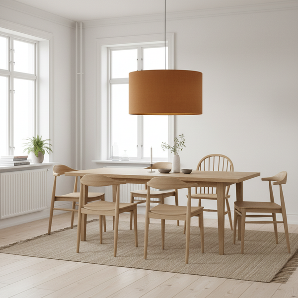 Toffee linen barrel ceiling pendant in bright Nordic dining room with light wood furniture