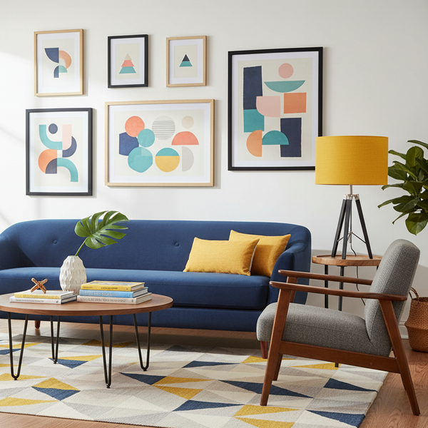 Mustard yellow linen table lamp in vibrant living room with colorful mid-century modern decor