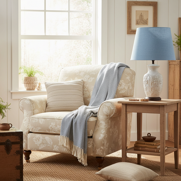 Cornflower blue linen lampshade in cottage style living room