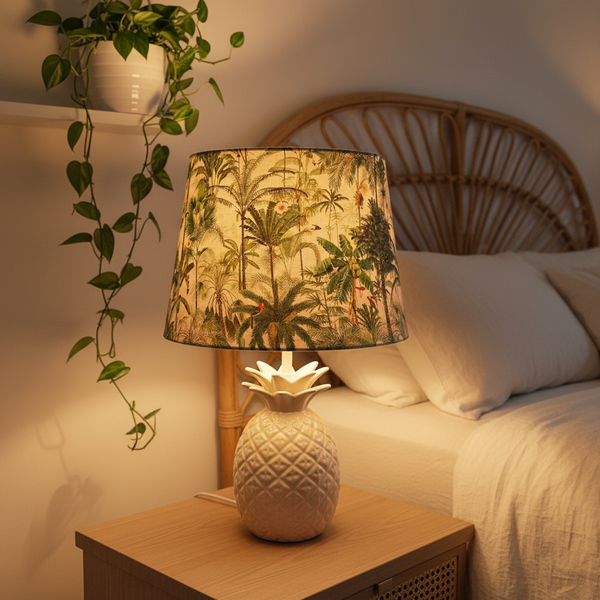Jungle Palm Trees lampshade on pineapple base in bedroom