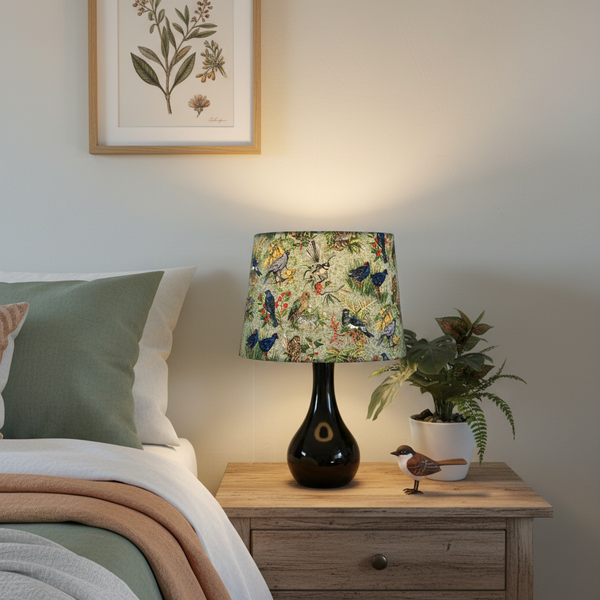 Kiwiana Birds lampshade on bedside table in bird-lover's bedroom