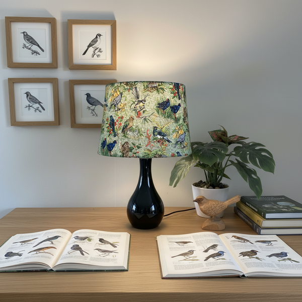 Kiwiana Birds lampshade on timber desk in nature-inspired study