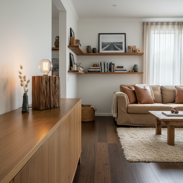 Lined Tōtara Heritage Lamp – Living Room Lifestyle