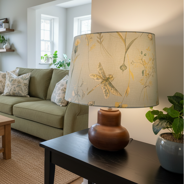 Large tapered lampshade handcrafted in drafonfly blue fabric by shades at grays in living room.