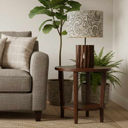 Slate blue fabric drum style lampshade on wood lamp base in living room by shades at grays