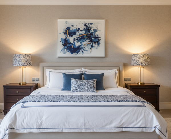 Modern bedroom with a bed, nightstands, and abstract art on the wall and matching willow boughs bedside lamps.