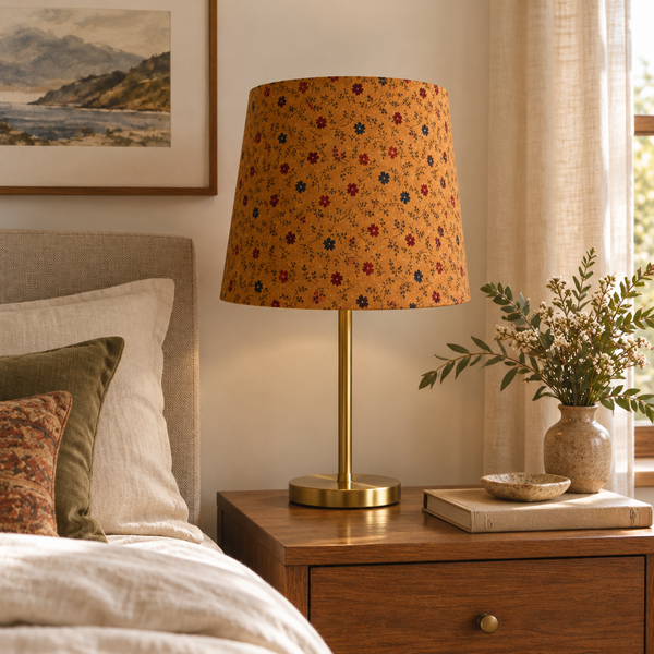 Medium tapered cornflower lampshade in a bedroom