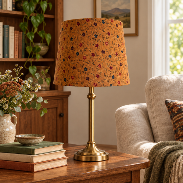 Medium tapered cornflower lampshade in a living room