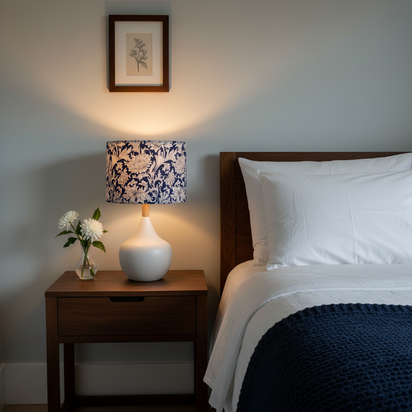 Morris & Co Chrysanthemum lampshade in elegant navy and cream bedroom