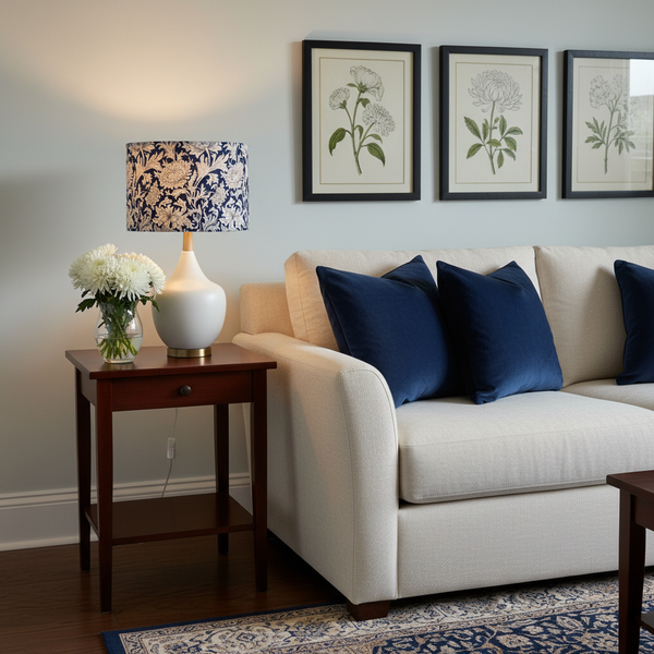Morris & Co Chrysanthemum lampshade in elegant navy and cream living room