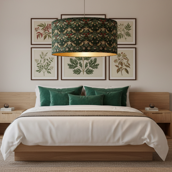 William Morris pendant lampshade by shades at grays in contemporary  bedroom with wooden bed and green pillows.