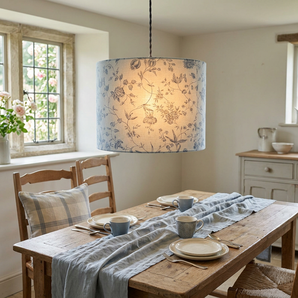 Pivoine Ciel Blue pendant shade glowing over a dining table