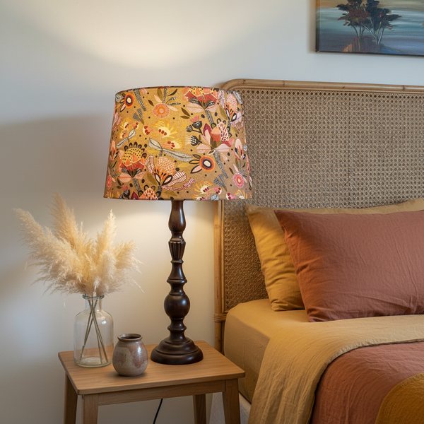 Protea Pop lampshade in warm-toned bedroom