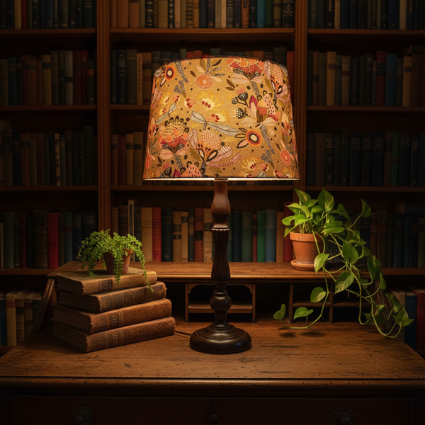 Protea Pop lampshade on antique desk in atmospheric study