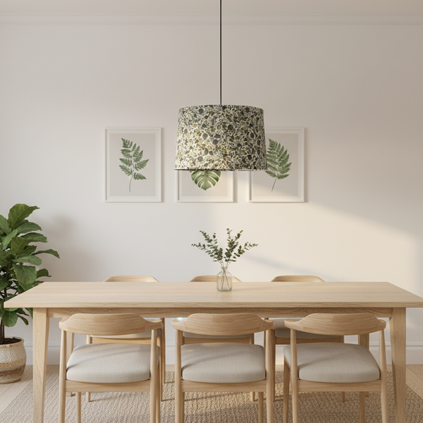 Serenity Leaves lampshade as ceiling pendant in nature-inspired room