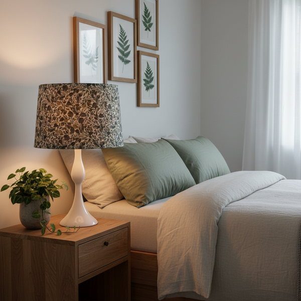 Serenity Leaves lampshade on porcelain base in nature-inspired bedroom
