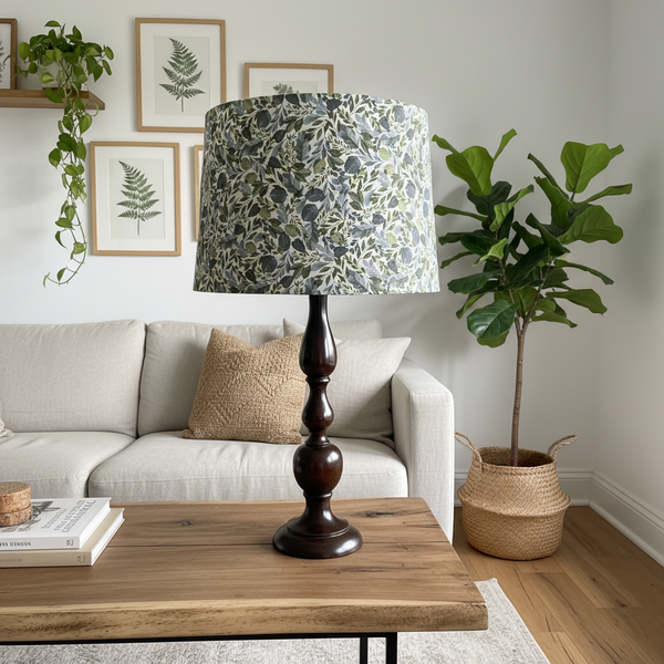 Serenity Leaves lampshade on wood base in nature-lover's living room