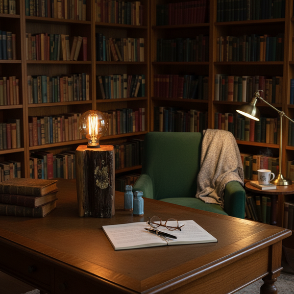 Heritage lamp handcrafted by shades at grays, made from original tōtara post with lichen pattern, in study.