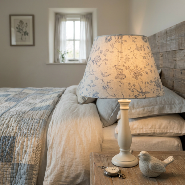 Tapered Pivoine Ciel Blue shade on a bedside table