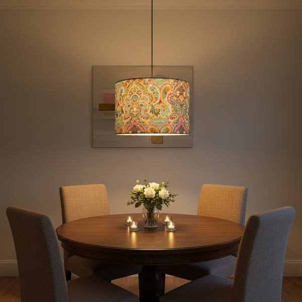 Teal paisley ceiling pendant lampshade in elegant dining room