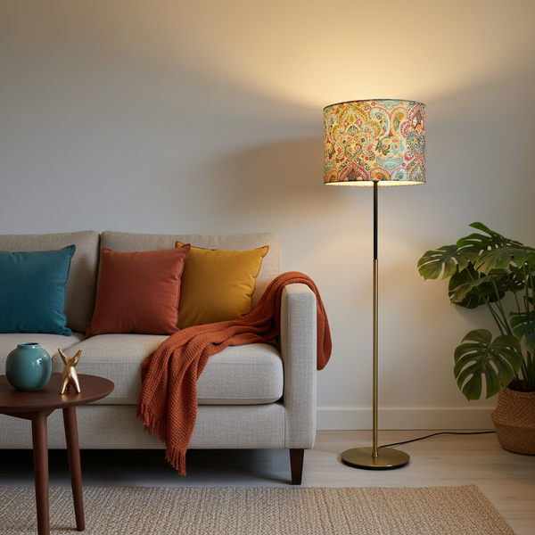 Teal paisley lampshade on brass base in neutral living room