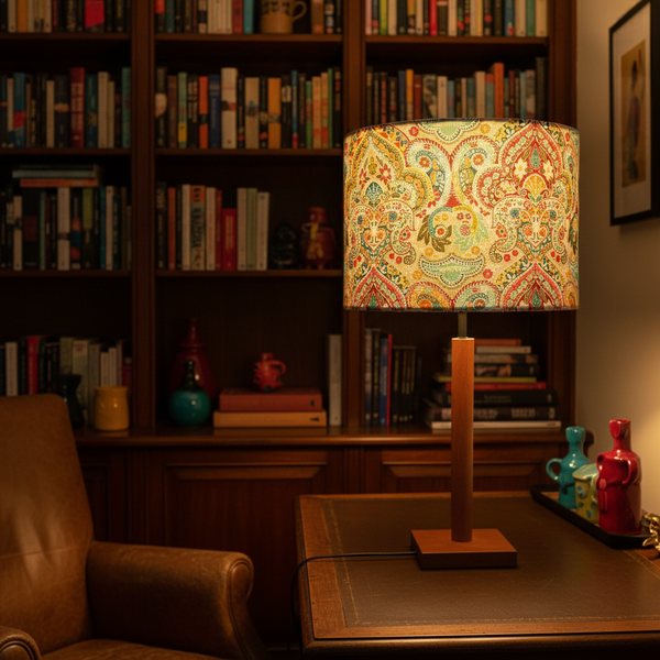 Teal paisley lampshade on timber base in cosy study with colourful ornaments