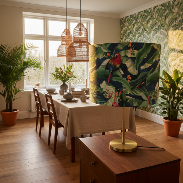 Tropical Birds table lamp set in a dining Room