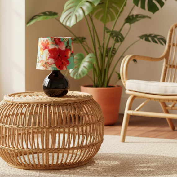 Tropical Red lampshade on small black base in tropical themed living room