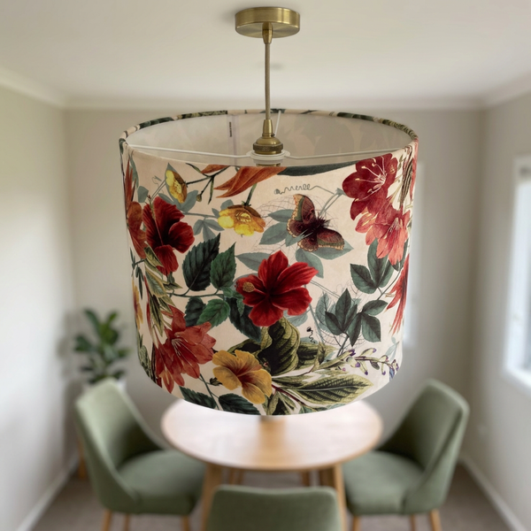 Velvet Bouquet lampshade as a ceiling pendant over a dining table