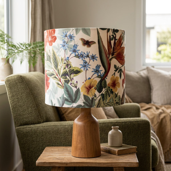 Velvet Bouquet lampshade on a timber base in a warm living room