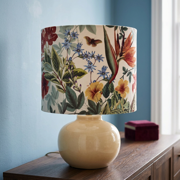 Velvet Bouquet lampshade on an ivory ceramic base