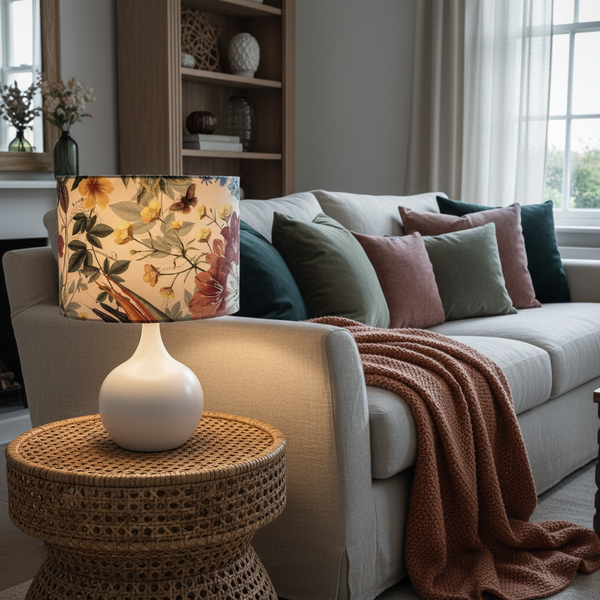 Velvet Bouquet lamp in living room with sofa and homewares.