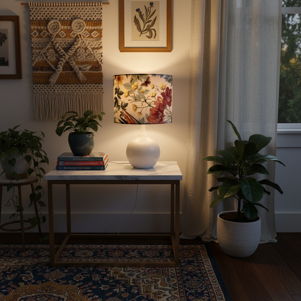 Velvet Bouquet lamp on side table, lit on a side table with books, plants and prints.