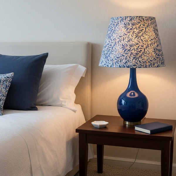 Willow bough blue lampshade on blue lamp on a wooden nightstand next to a bed with decorative pillows.