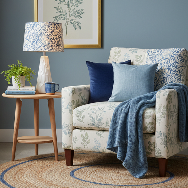 Living room with a patterned armchair, side table, with blue willow boughs table lamp and decorative elements.